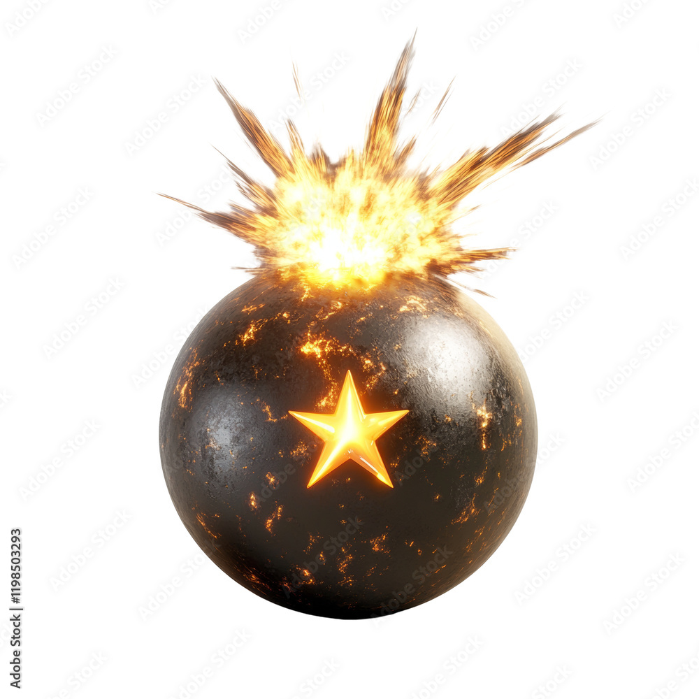 Poster a dark sphere with a glowing star explodes with intense fiery energy against a white background a 3d