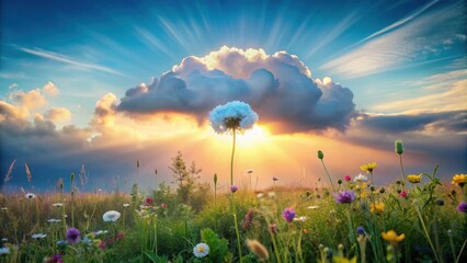 Obraz premium Serene Sunset Meadow with a Single Majestic Flower Blooming Underneath a Dramatic Sky