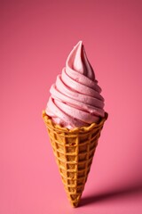 waffle cone with smooth pink ice cream in dynamic motion. Light pink background, seamless color gradients