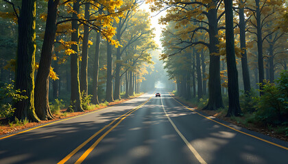 Obraz premium A car driving down a road surrounded by trees.