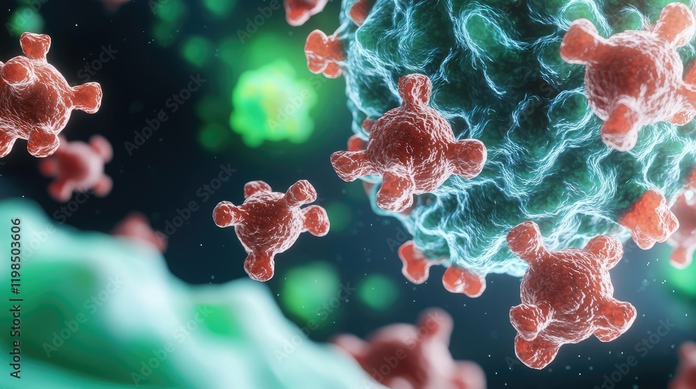 Aufkleber Dust pollution concept. Microscopic view of viruses showcasing their complex structures in vibrant colors.