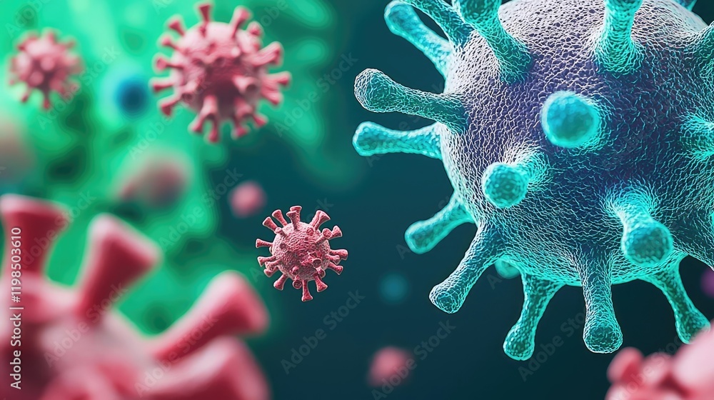 Poster Dust pollution concept. Illustration of viruses depicting their structure and interaction in detailed visuals.