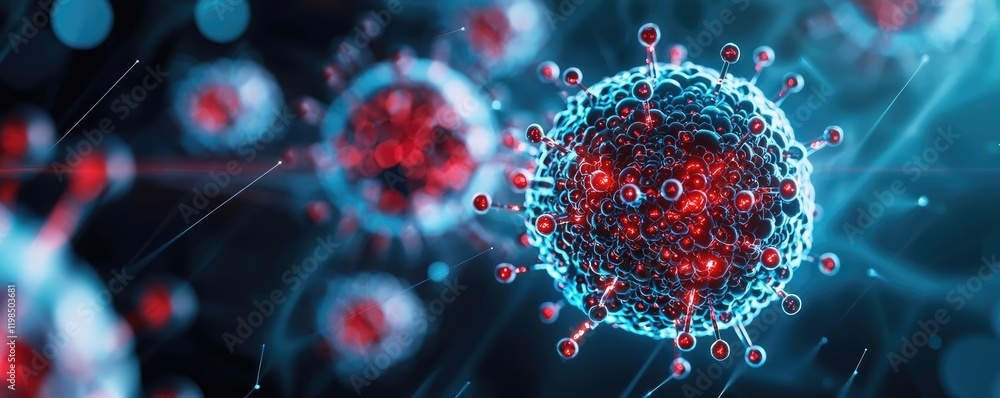 Poster Dust pollution concept. Detailed microscopic view of a virus, showcasing intricate structure and design.