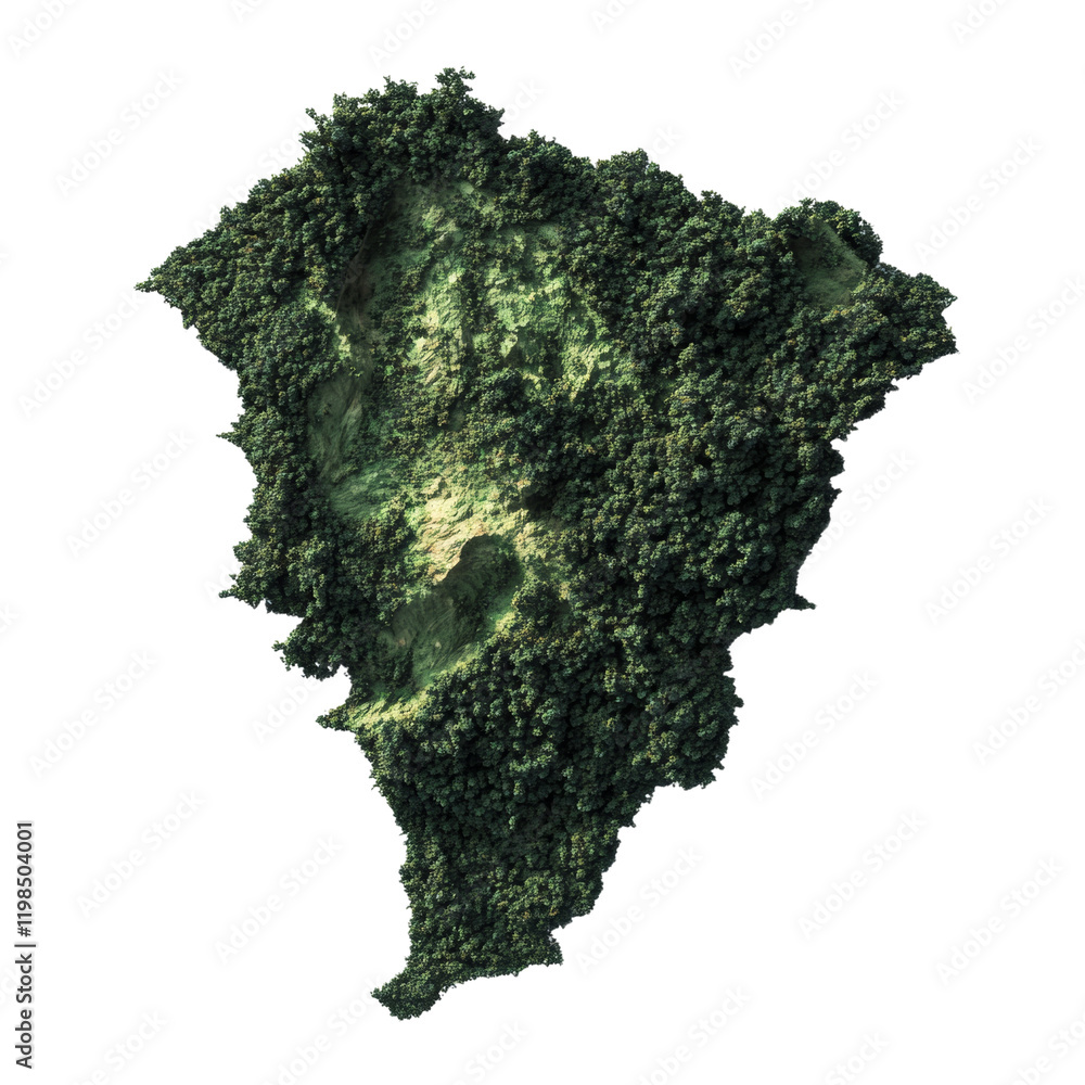 Poster A digital rendering depicts a verdant island shape composed entirely of dense green foliage against a white background.