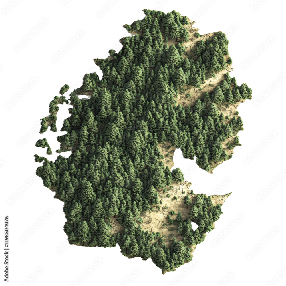 Poster this image is a 3d rendering of a forested island shaped like a map of sweden, showcasing the dense 