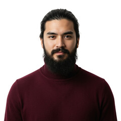 Obraz premium Portrait of a Handsome Man with Long Hair and Beard Wearing a Maroon Turtleneck Sweater Against a Black 