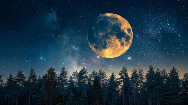 Full moon rising over forest with starry night sky