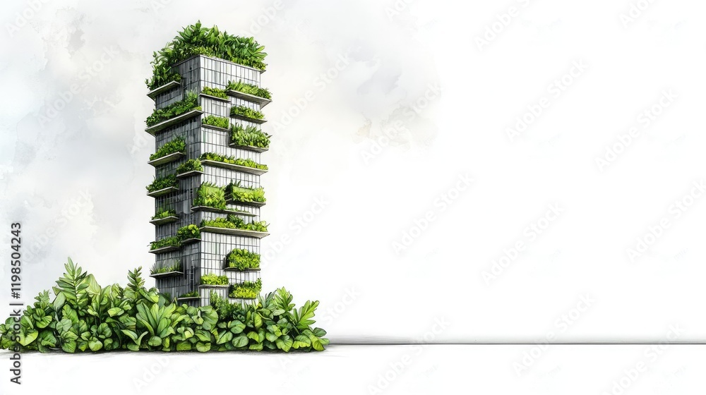 Poster Engineer sketching idea. Innovative green architecture with vertical gardens on a modern building structure.