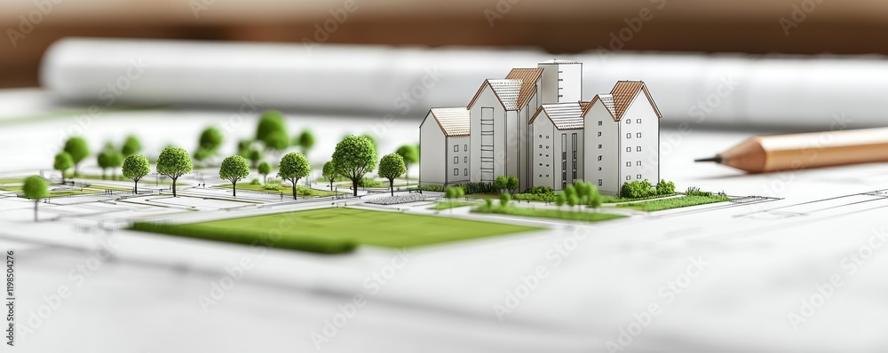 Poster engineer blueprint concept. architectural model showcasing urban planning and green spaces.