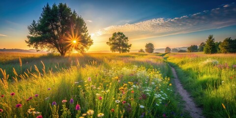 Obraz premium Serene Sunrise Meadow Path A Picturesque Landscape Featuring Wildflowers and Trees Bathed in Golden Light