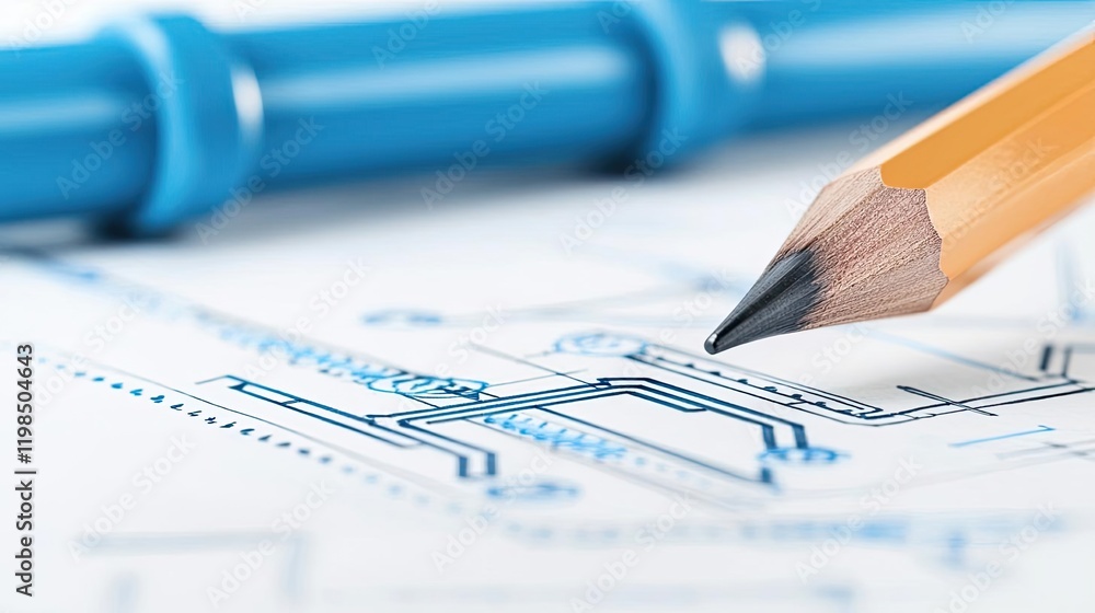 Poster engineer blueprint concept. close-up of a pencil and architectural blueprint showcasing detailed pla