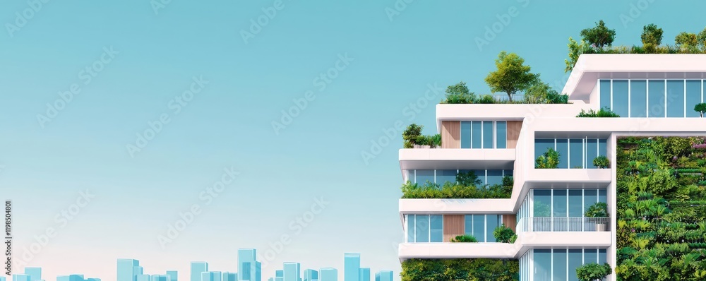 Poster engineer sketching idea. modern eco-friendly building with green walls and city skyline in the backg