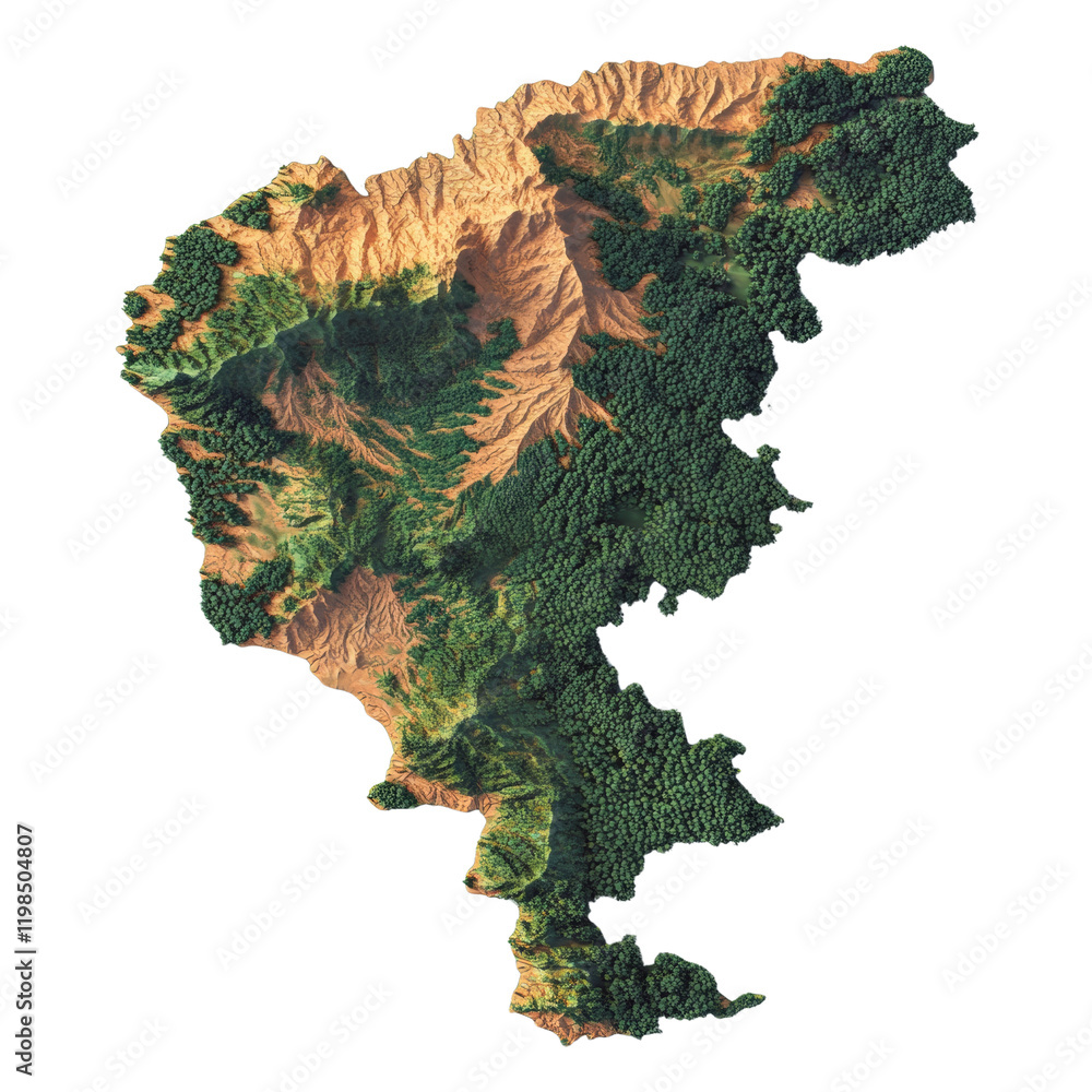 Poster a three dimensional topographic map showcasing a lush island with mountainous terrain covered in den