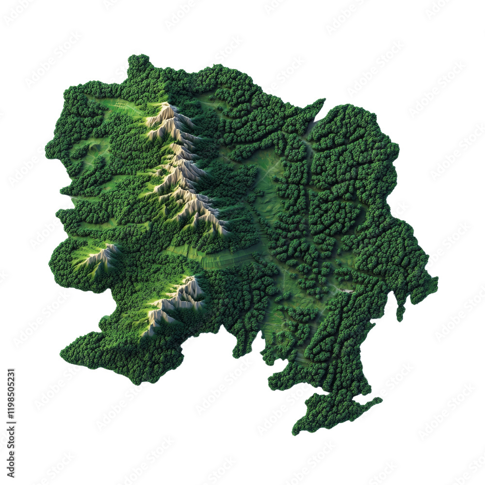 Poster a 3d rendering depicts a mountainous region densely covered by a vibrant green forest, showcasing it