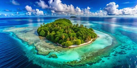 Aerial View of Tropical Island Lagoon, Coral Reef, Turquoise Sea, Drone Photography