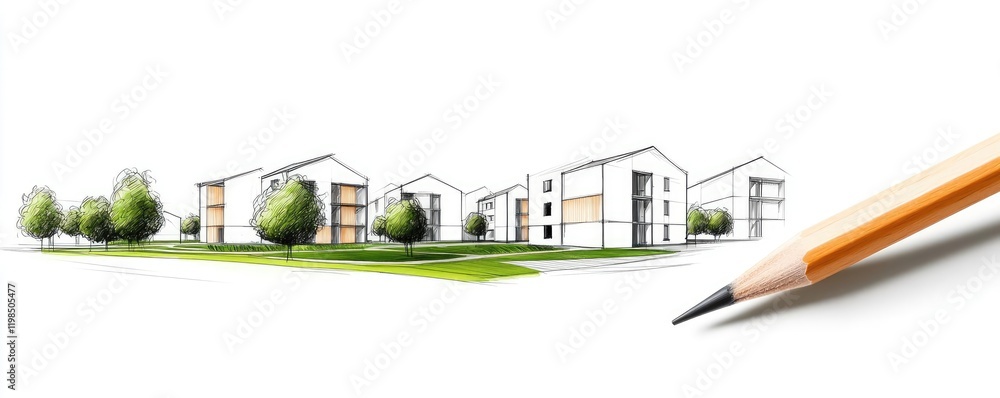 Poster engineer sketching idea. architectural sketch of modern buildings with greenery and a pencil for des