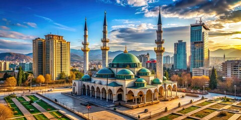 Naklejka premium Albanian New Year's Eve, 2018: The rising mosque, a beacon of light in the night.