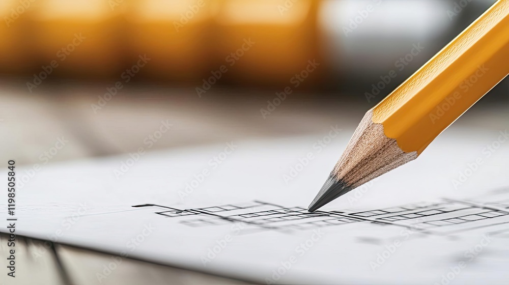 Poster Engineer project concept. Close-up of a pencil sketching architectural designs on a notepad.