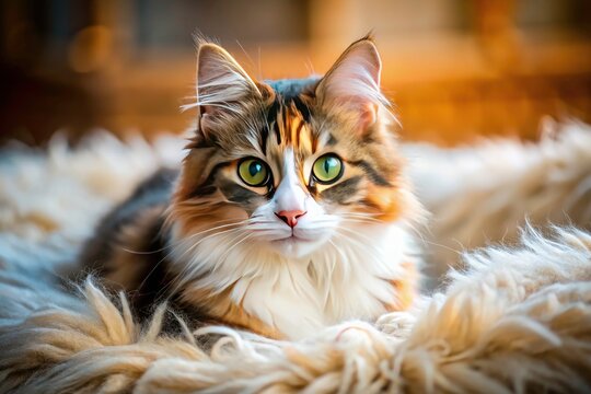 A sweet, adorable domestic cat finds comfort and joy in its relaxing indoor life, a furry friend full of kitty love.