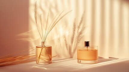 Create a photo of a fragrance candle and a car fragrance in the form of a container with liquid standing together in a minimalist style