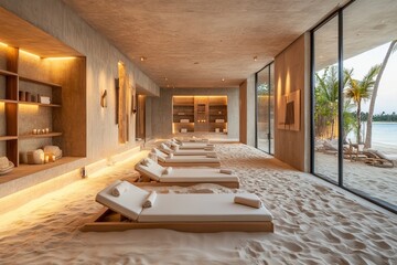 Luxurious beach spa with sand floor, loungers, and ocean view.