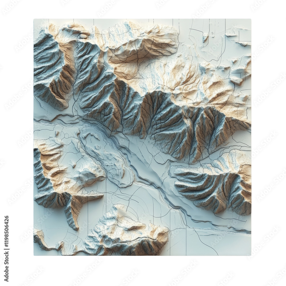 Poster a three dimensional abstract artwork depicting a mountainous landscape with a river valley running t
