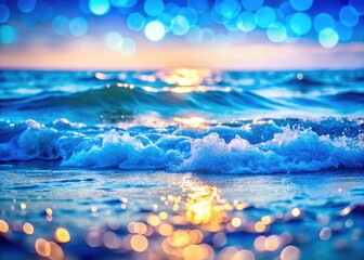 Blurred blue ocean wave background, coastal photography with bokeh effect, creating a tranquil seascape wallpaper.