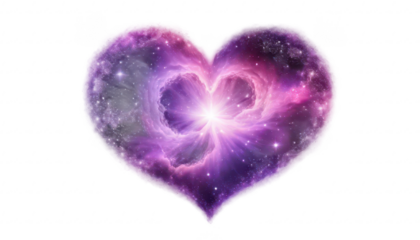 An ethereal nebula heart glowing in shades of pink and violet, with sparkling stars and a gentle cosmic glow, set on a white transparent background PNG