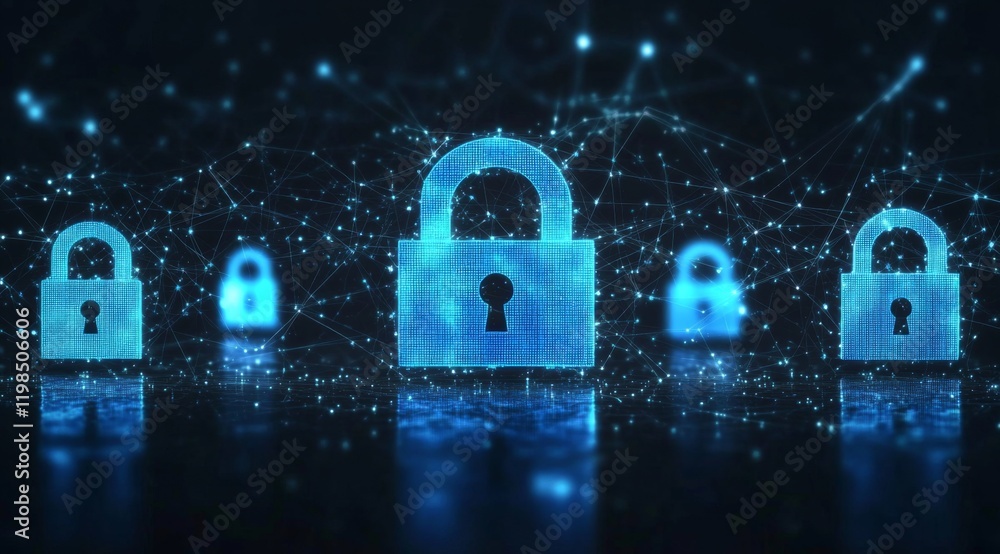 Poster interconnected network of blue padlocks symbolizing security and privacy concept in dark background