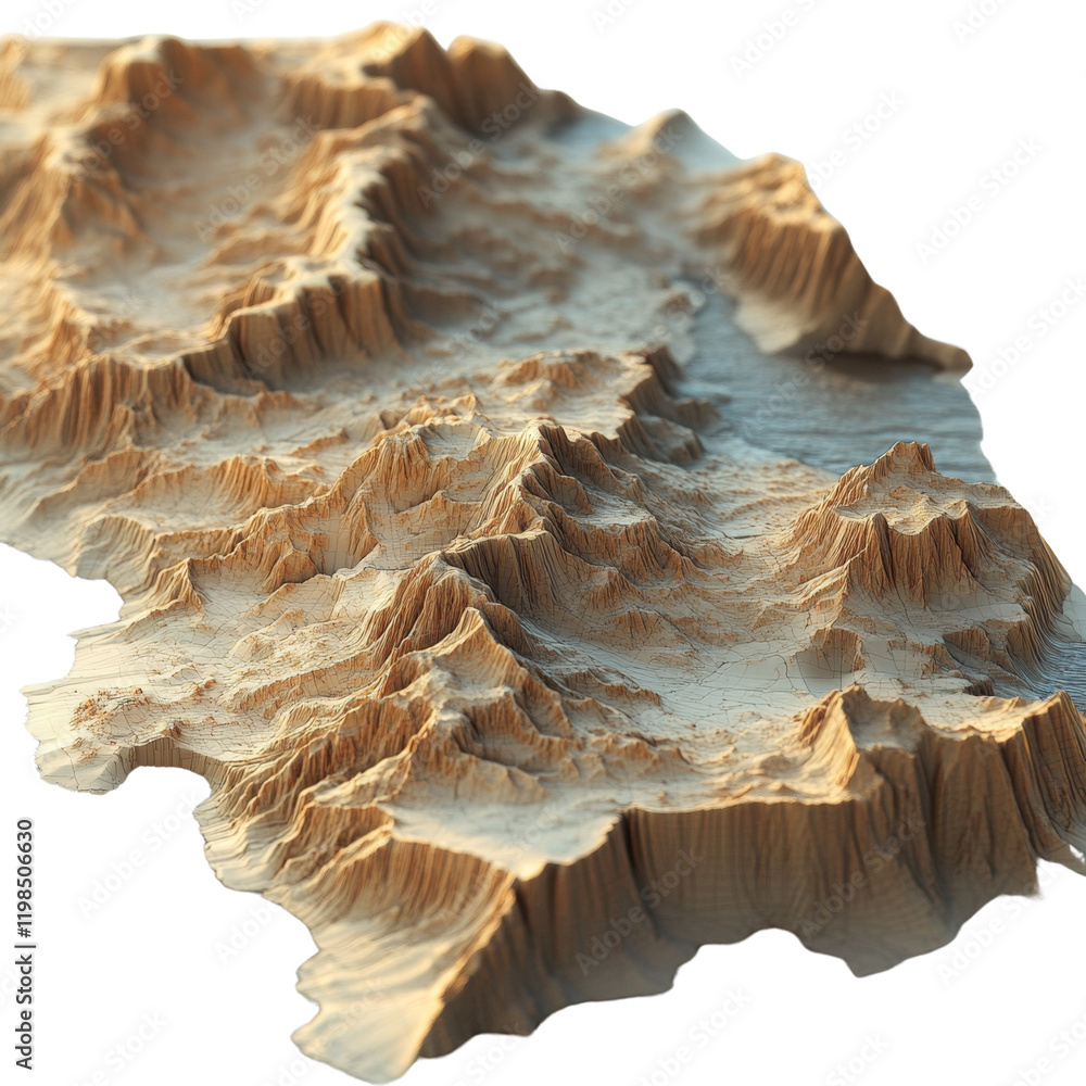 Poster A digital rendering depicts a detailed three dimensional model of a coastal mountain range with a beige color palette.