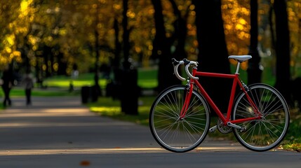 Naklejka premium A vibrant red bicycle parked along a scenic path surrounded by autumn foliage in a park.