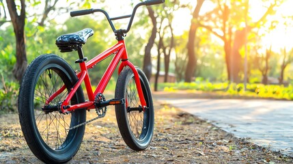 A vibrant red BMX bike parked on a scenic pathway surrounded by lush greenery and sunlight.