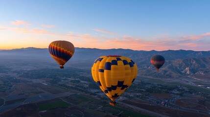 Fototapeta premium Hot air balloons soar over valley at sunrise