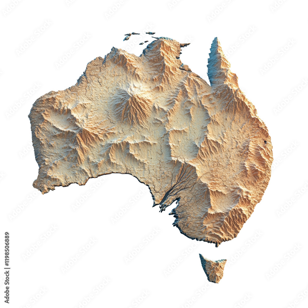 Poster a detailed three-dimensional topographical map showcasing australia's diverse terrain and landforms.