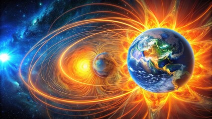 Obraz premium Celestial Dance A Planet's Journey Through Fiery Cosmic Currents and Radiant Nebulae