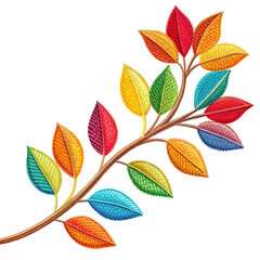 Embroidered Autumn leaves, botanical illustration, vibrant fall colors, watercolor painting, detailed leaf veins, red and yellow foliage, tree branch