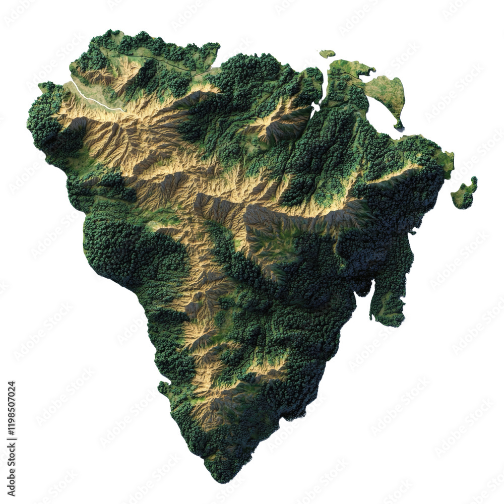 Poster a three dimensional model depicts a verdant island featuring mountainous terrain, dense forests, and