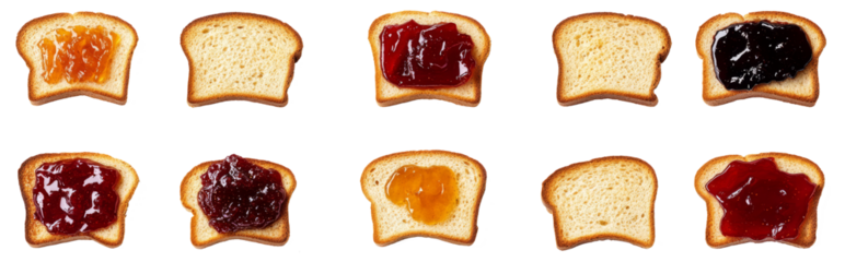 set of pieces bread with jam isolated on white