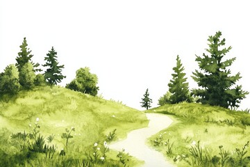 Fototapeta premium Watercolor painting of a winding path through a grassy hill with evergreen trees.