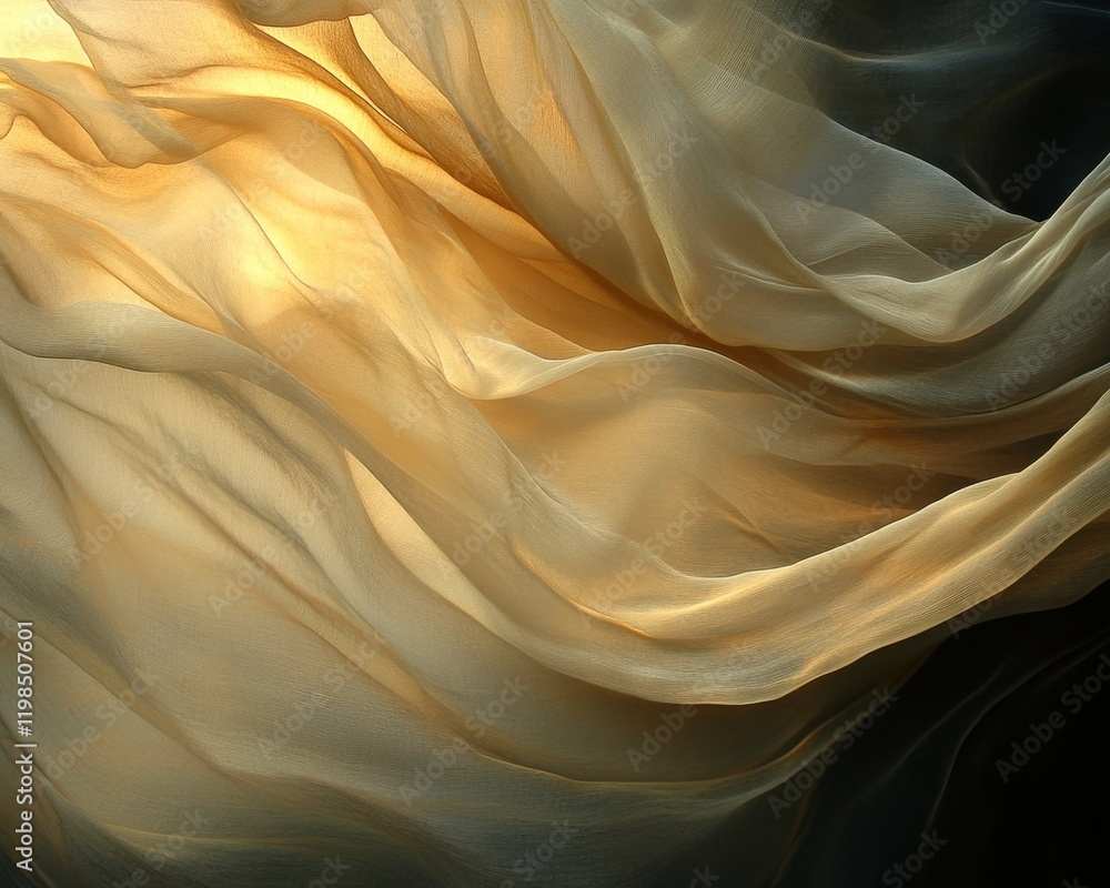 Poster abstract flowing golden fabric with light and shadow, sheer material texture.