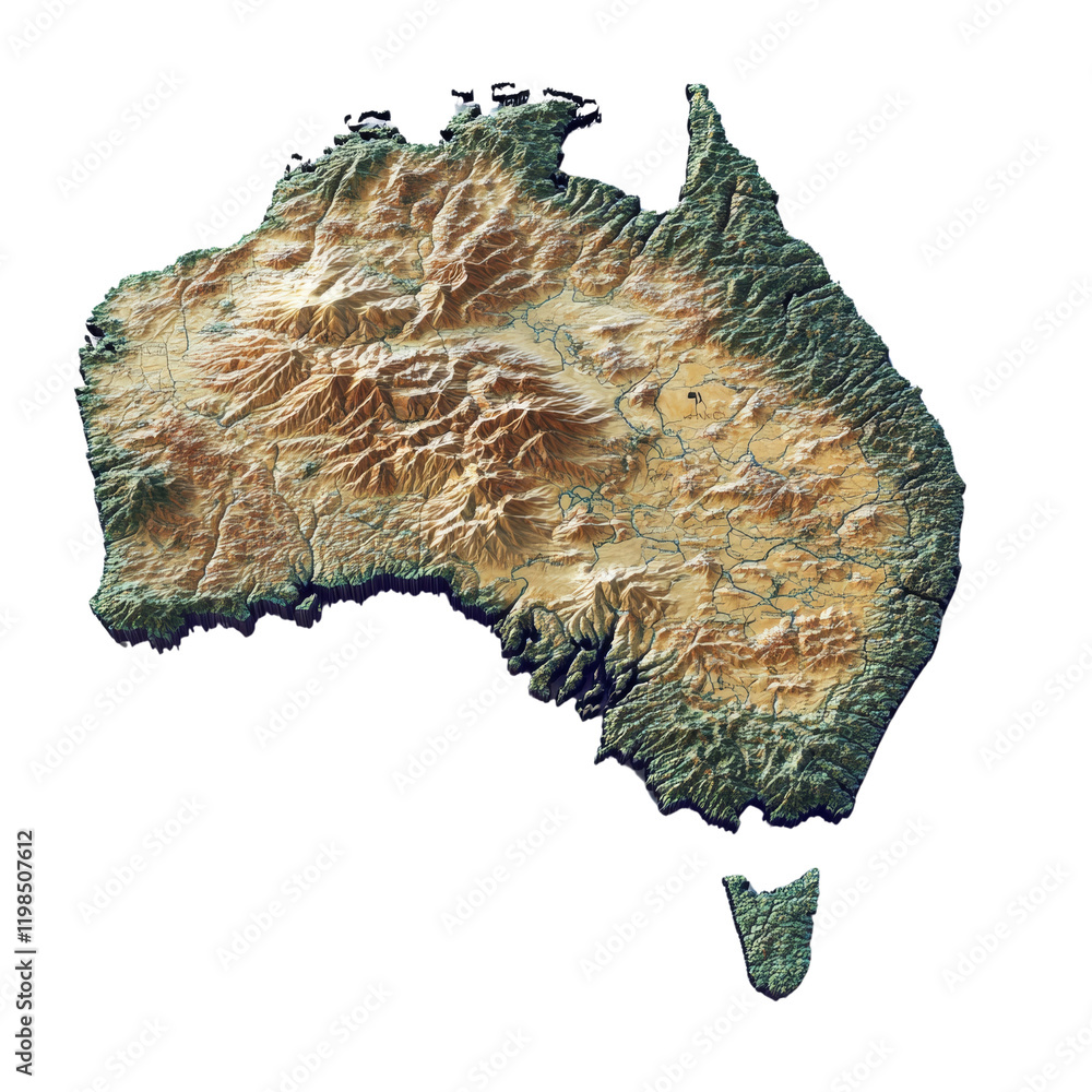 Poster a detailed three dimensional topographic model of australia showcasing its diverse geographical feat
