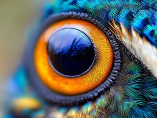 A stunning macro photograph showcasing the intricate details of a bird's eye and vibrant feathers. The image captures the beauty of nature up close.