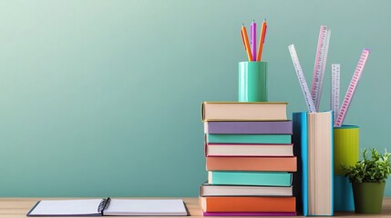 Fototapeta premium Stacked books, pencils, rulers, notebook, plant on desk.