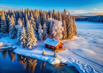Alaskan Winter Cabin: Secluded Lakeside Retreat Aerial View