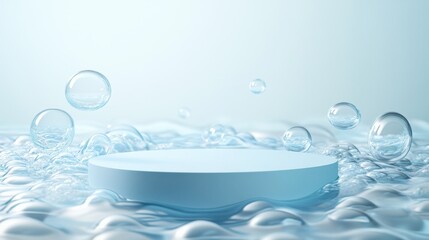 Minimalist 3D Product Display Platform with Water Surface and Bubbles on Light Blue Background.