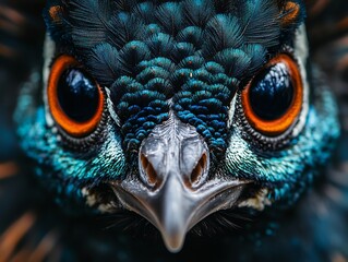 Close-up of a peacock's face, showcasing its vibrant feathers and intense gaze. A stunning display of nature's artistry.