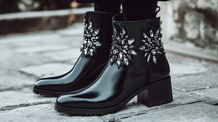 Elegant Black Ankle Boots with Crystal Embellishments