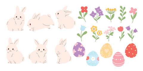 Happy Easter comic element vector set. Cute hand drawn rabbit, easter egg, spring flowers, leaf branch. Collection of doodle animal and adorable design for decorative, card, kids.