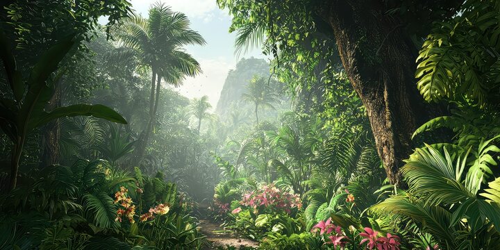 Fototapeta A dense jungle scene with a variety of tropical plants, creating a lush and exotic environment.