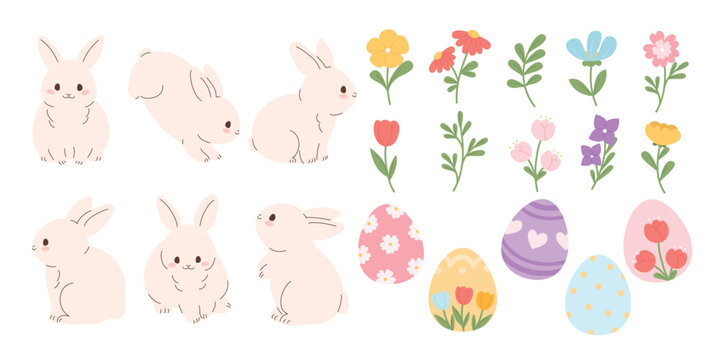 Happy Easter comic element vector set. Cute hand drawn rabbit, easter egg, spring flowers, leaf branch. Collection of doodle animal and adorable design for decorative, card, kids.